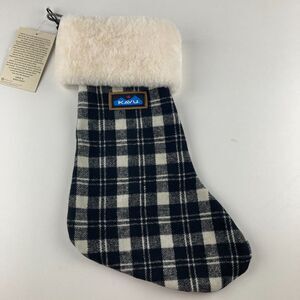 KAVU Christmas Stocking Oatmeal Plaid Faux Fur Cuff NWT Holiday Decor